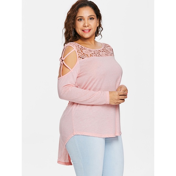 Plus Size Light Pink Cutwork Lace Insert T-shirt - Picture 3 of 8